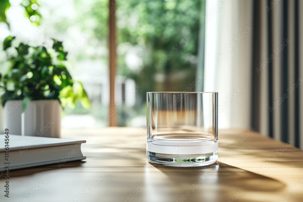 A clear glass sits elegantly on a wooden table, surrounded by a serene indoor environment with natural light and greenery. A clear glass sits elegantly on a wooden table, surrounded by a serene indoor environment with natural light and greenery.