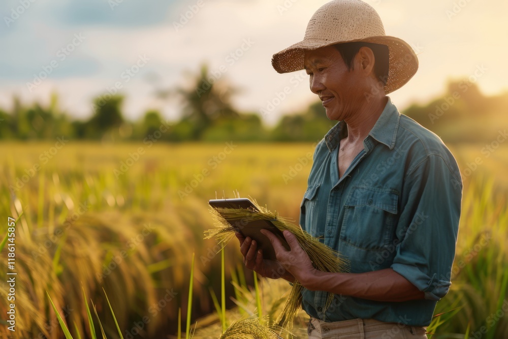 Farmer Using Tablet in Rice Field for Digital Agriculture Farmer Using Tablet in Rice Field for Digital Agriculture