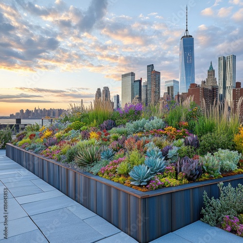 Vibrant rooftop garden with lush plants and city skyline at sunset photo