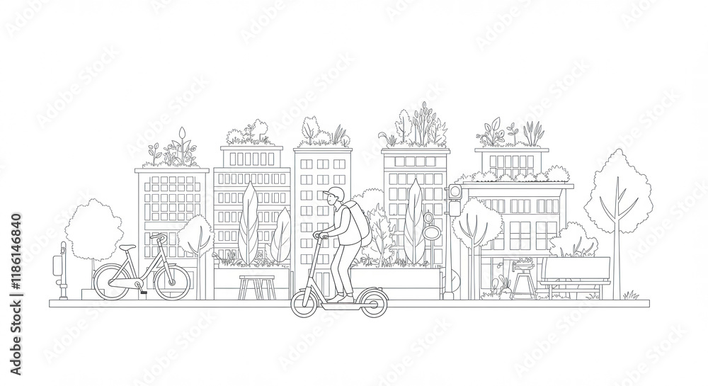 Urban landscape with a person riding an electric scooter among greenery Urban landscape with a person riding an electric scooter among greenery
