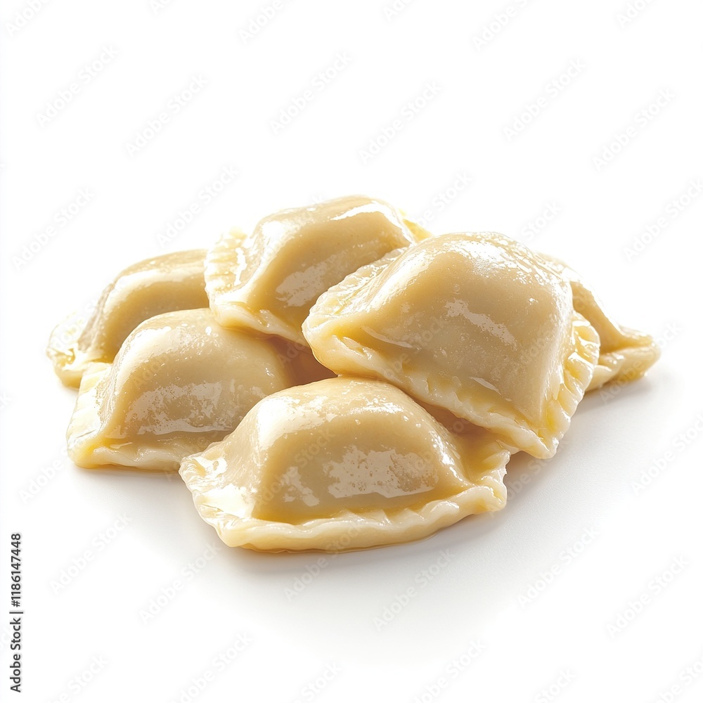 Close-up of fresh golden dumplings placed on a clean white background, showcasing their texture and folded edges Close-up of fresh golden dumplings placed on a clean white background, showcasing their texture and folded edges