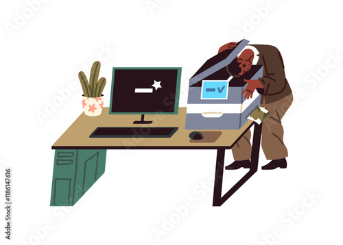 Frustrated employee with burnout prints his face with photocopy machine. Bored office worker messing around instead work at the desk, workplace. Flat isolated vector illustration on white background