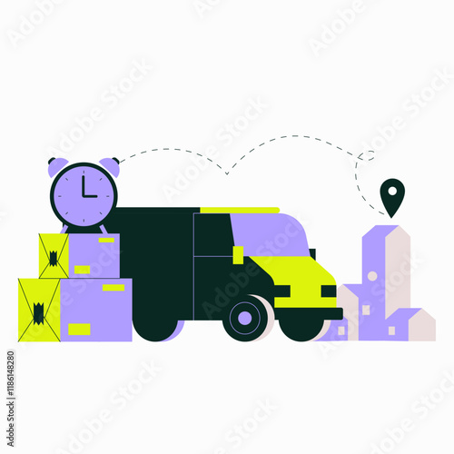 Delivery Van With Boxes And Map Pointer In Flat Vector Illustration Symbolizing Logistics, Shipping, And On Time Delivery, Isolated On White Background