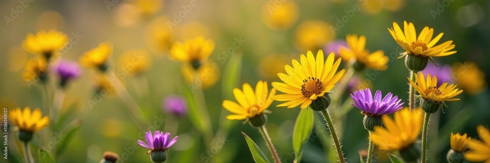 Yellow and purple cornflowers in rye ear wreath, wildflower, yellow Yellow and purple cornflowers in rye ear wreath, wildflower, yellow