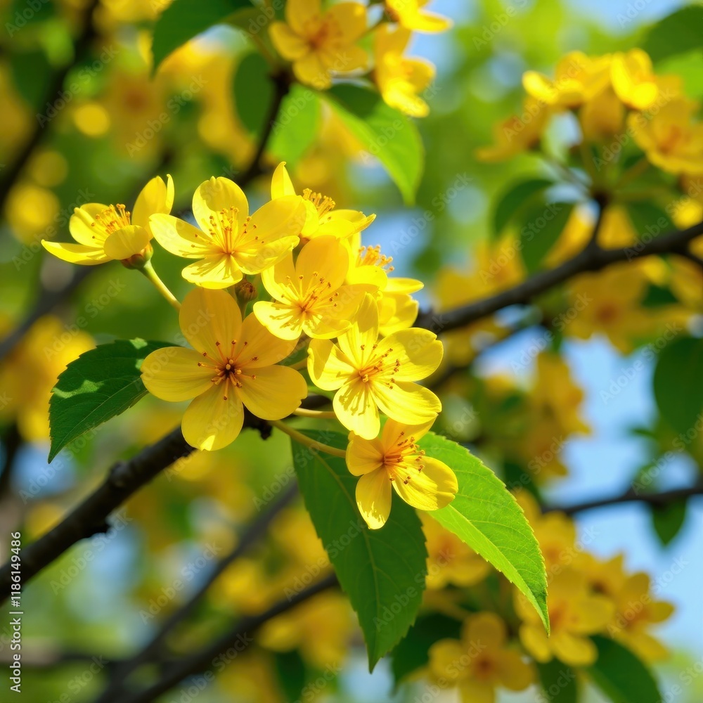 Yellow flowers blooming in the canopy of a tree, , flowers Yellow flowers blooming in the canopy of a tree, , flowers