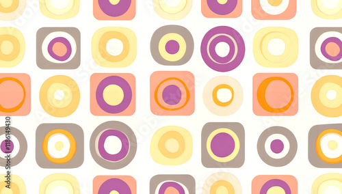 Vintage-inspired geometric pattern featuring colorful concentric circles inside squares in warm pastel tones on a white background.
