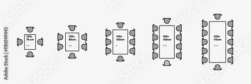 Rectangle tables with sizes and seats. Chairs and tables in scheme plan.Top view scheme. Vector illustration
