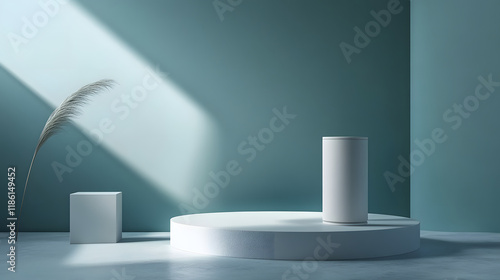 3D White Cylindrical Podium and Cube Pedestal with Clean Empty Wall Scene for Minimal Product Display and Stage Showcase. photo