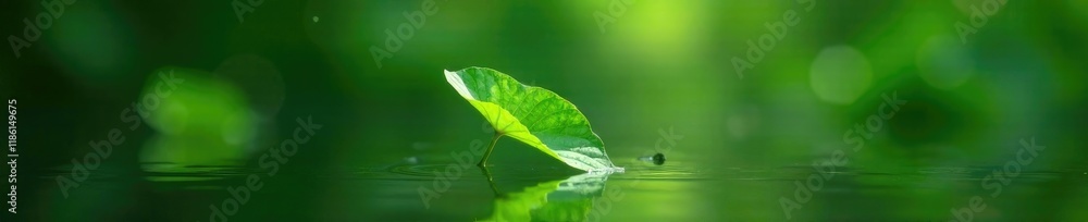 Fototapeta premium A delicate green leaf suspended in the air above a pond, nature, green