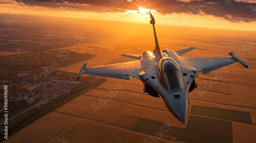 Dassault Rafale Fighter Jet at Sunset Over Rural Landscape