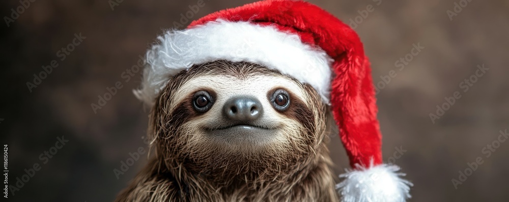 Adorable sloth wearing a Santa hat with festive text overlay, quirky Christmas humor, playful holiday design. Adorable sloth wearing a Santa hat with festive text overlay, quirky Christmas humor, playful holiday design.