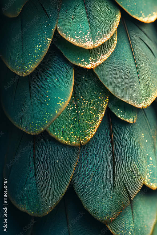 Obraz premium Extremely detailed macro capture of a turquoise-green feather ridge, glimmering under diffused light on a neutral backdrop,