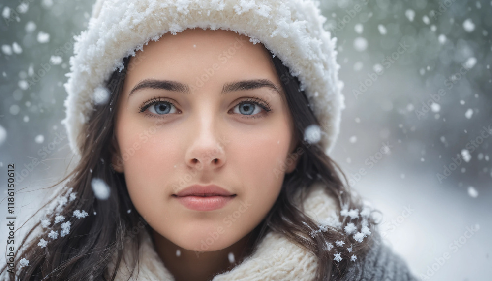 Portrait visage femme bonnet Noël neige, ambiance sereine et atmosphère féerique. Portrait visage femme bonnet Noël neige, ambiance sereine et atmosphère féerique.