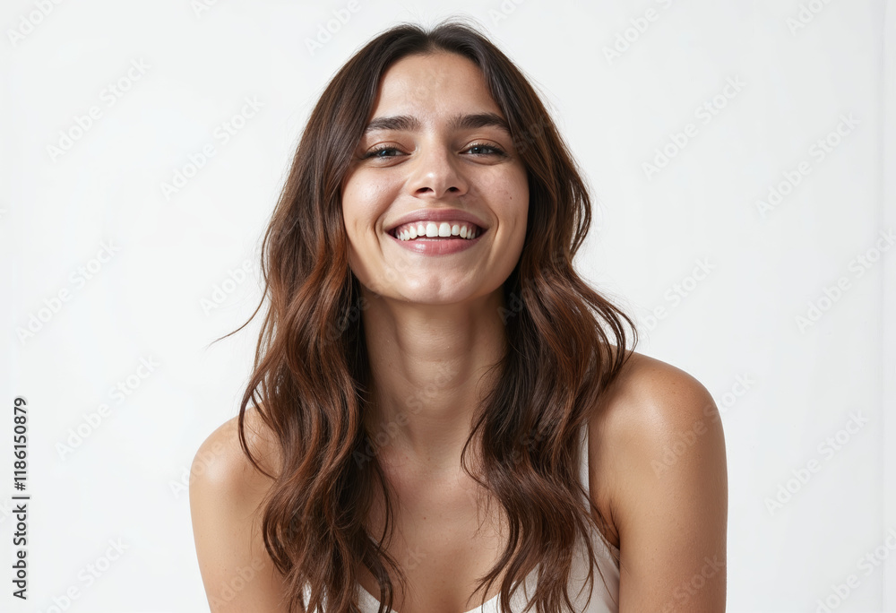 Beautiful girl with long hair smiling broadly on white background