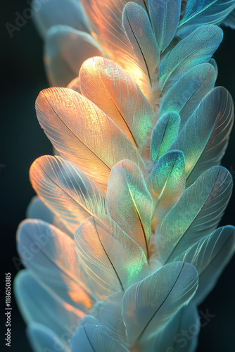 Wallpaper Mural Intensely magnified shot of softly layered feather filaments, glowing with opalescent green and cobalt tones, on a pale neutral, Torontodigital.ca