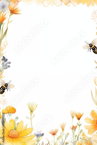 Frame for invitation card a background featuring bee and sunflower watercolor
