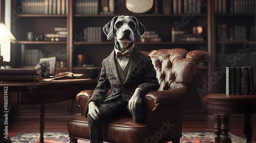 A dog in a tweed suit sitting in an old-fashioned study  photo