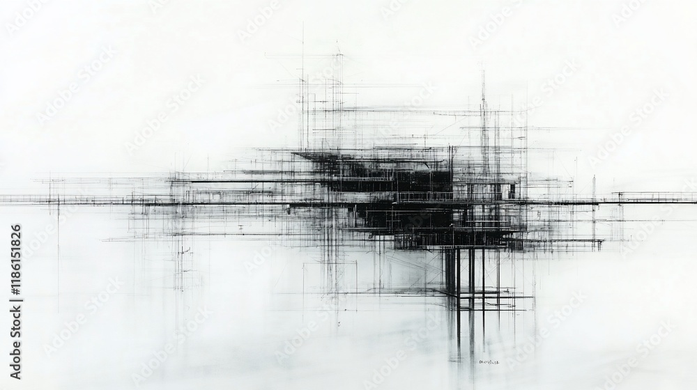 Abstract monochrome artwork featuring intersecting lines creating a complex, layered structure. Abstract monochrome artwork featuring intersecting lines creating a complex, layered structure.