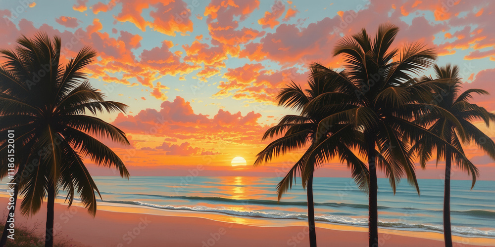 Obraz premium A beautiful sunset over the ocean with palm trees in the background. The sky is a mix of pink and purple hues, creating a serene and calming atmosphere