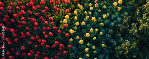 Aerial view of a colorful tulip field in full bloom, vibrant floral landscape, breathtaking natural beauty.