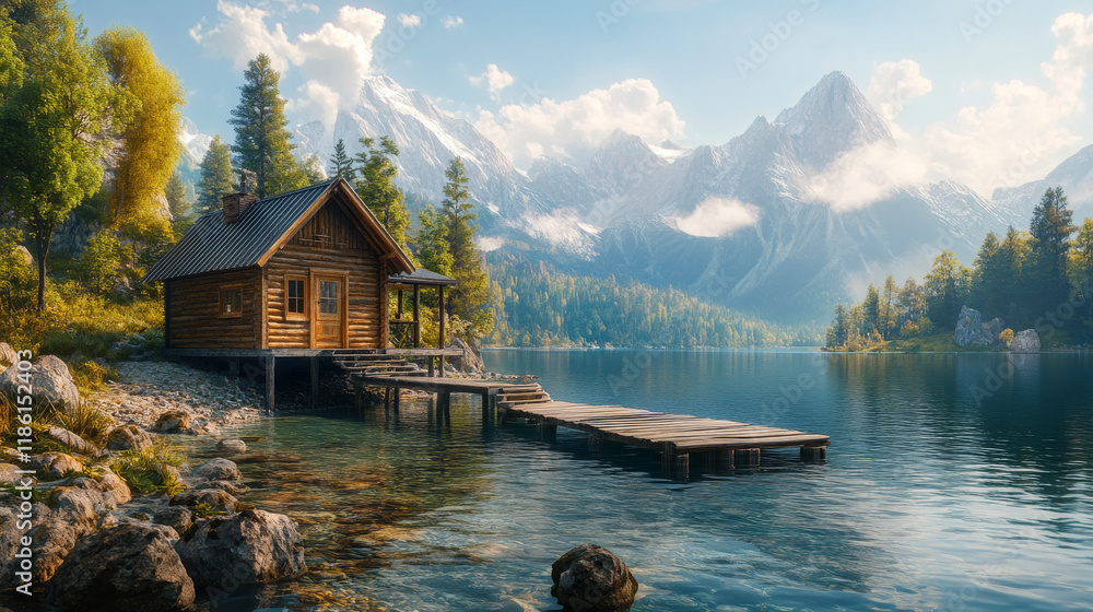 Naklejka premium Stilt house on lake beach in mountain valley. Nature landscape with small wooden hut, pier on river and rocks. Fishing cabin on lake shore, vector cartoon illustration