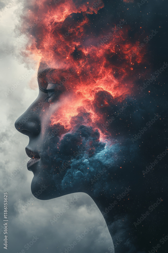 A bold silhouette in black, cut out to reveal an exploding nebula of pink and turquoise inside, set against a gentle gray, A bold silhouette in black, cut out to reveal an exploding nebula of pink and turquoise inside, set against a gentle gray,