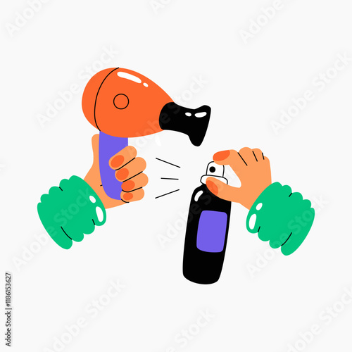 Hairdryer and hairspray in flat vector illustration symbolizing hairstyling tools, salon equipment, and beauty care, isolated on white background.
