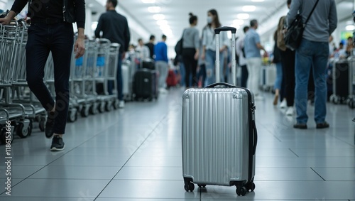 Shiny silver carry on roller amidst bustling airport check in area reflecting lights photo