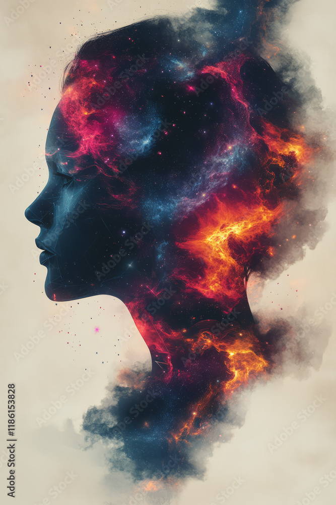 A geometric head shape with polygon outlines, inside a swirling cosmic whirlwind of neon pink, violet, and scattered stars, on warm beige, A geometric head shape with polygon outlines, inside a swirling cosmic whirlwind of neon pink, violet, and scattered stars, on warm beige,