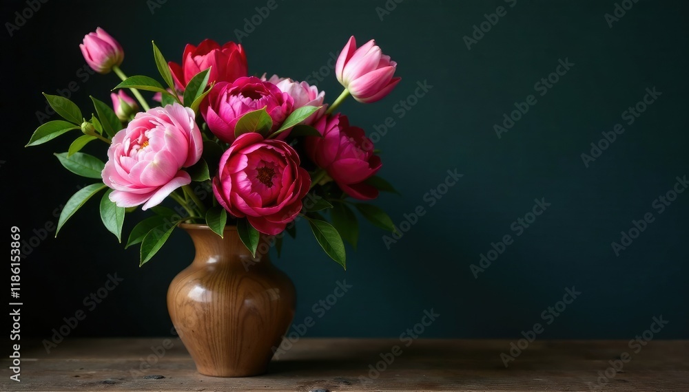 Dark florals with peony and tulip stems wrapped around a wooden vase, bouquet, organic Dark florals with peony and tulip stems wrapped around a wooden vase, bouquet, organic