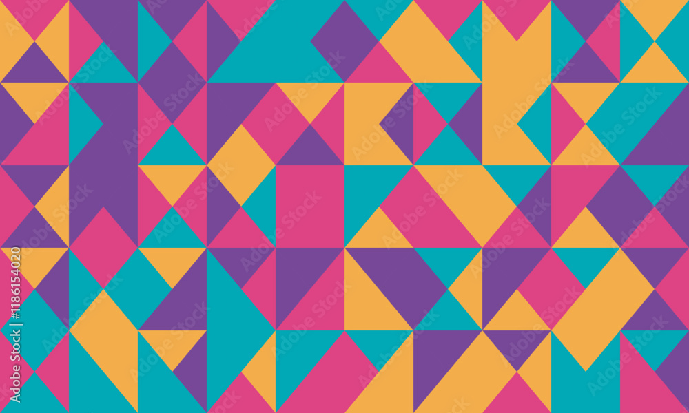 Vibrant geometric pattern featuring a playful arrangement of colorful triangles. Ideal for backgrounds, website design, textiles, or any project needing a bold, modern aesthetic. Vibrant geometric pattern featuring a playful arrangement of colorful triangles. Ideal for backgrounds, website design, textiles, or any project needing a bold, modern aesthetic.