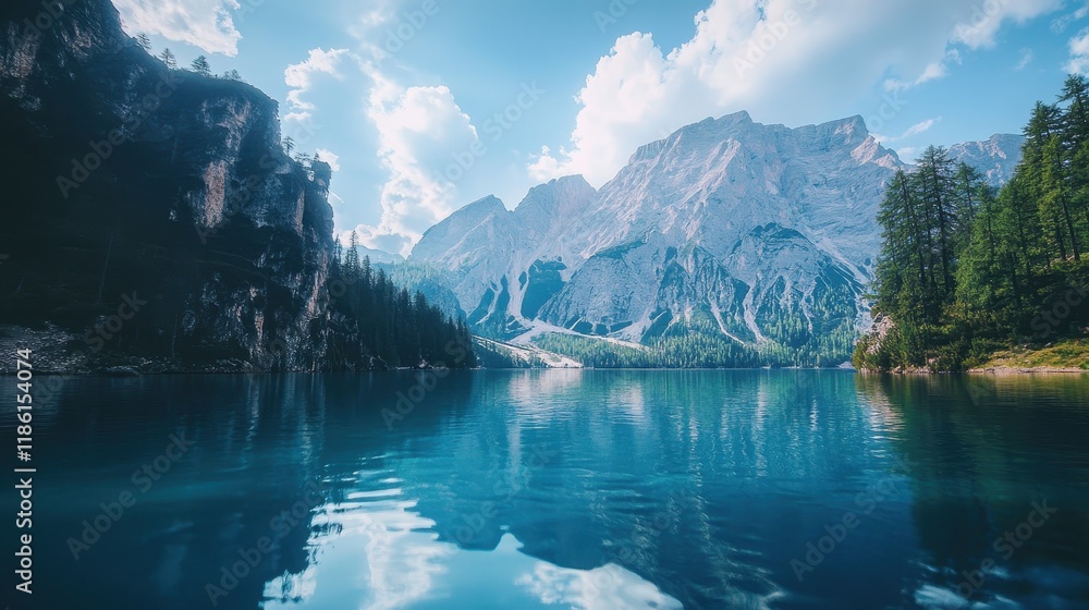 Fototapeta premium Tranquil Mountain Lake with Dramatic Peaks and a Bright Blue Sky