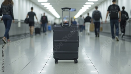 Lonely black carry on in bustling airport concourse photo