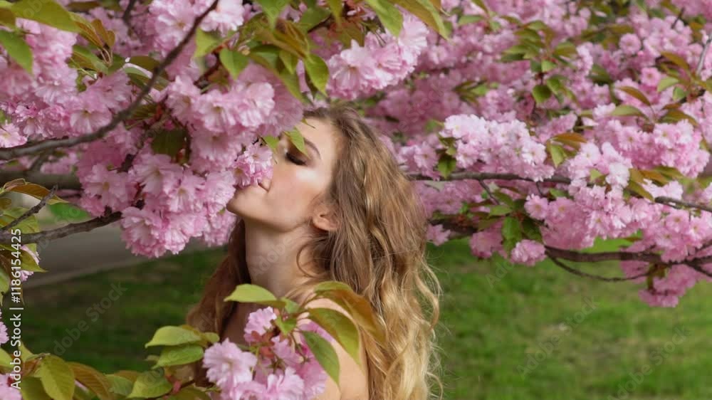 Beauty Woman on spring blossom field. Happy woman is resting in the spring blossom meadow. The spring. Portrait of a beautiful young woman smell spring blossom flowers. Beauty Woman on spring blossom field. Happy woman is resting in the spring blossom meadow. The spring. Portrait of a beautiful young woman smell spring blossom flowers.