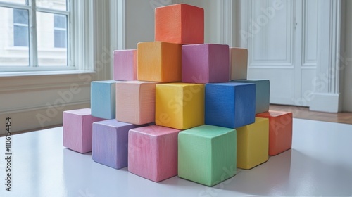 Colorful stacking blocks create a vibrant pyramid structure on a white surface