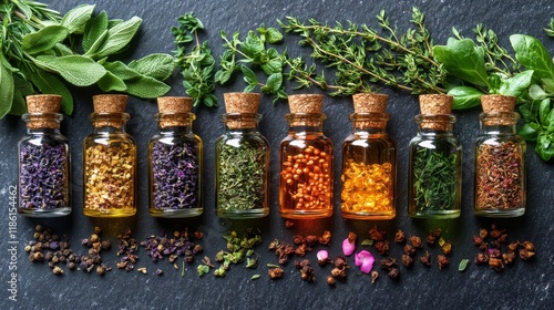 Assorted herbal oils and spices arranged on a dark surface showcasing vibrant...