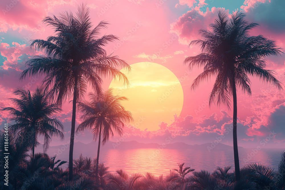 Obraz premium A serene gradient sun in soft peach to lavender, with minimal palm tree silhouettes in the foreground,