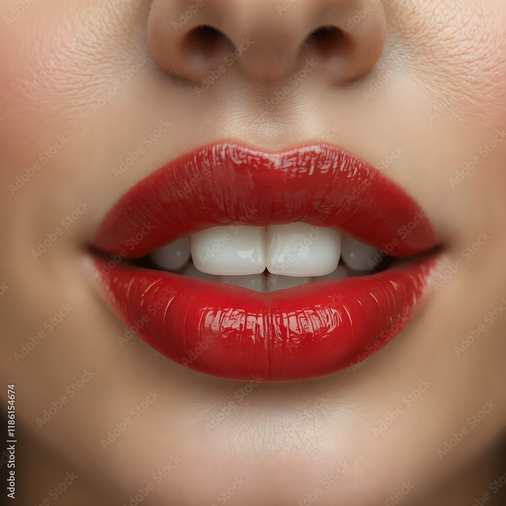 Obraz premium Close-Up of Young Woman's Beautiful Plump Lips with Nude Glossy Lips. Generative AI.