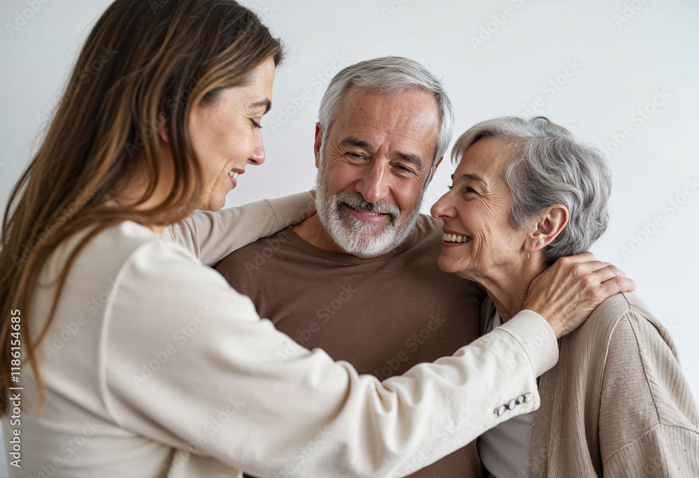 Adult daughter hugs her elderly parents and everyone smiles Adult daughter hugs her elderly parents and everyone smiles