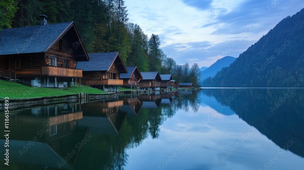 Serene Lakeside Cabins at Dawn Serene Lakeside Cabins at Dawn