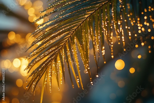 Sunlight filtering through palm leaves with water droplets enhancing the gold...