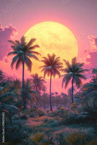 Stylized palm tree cluster on a horizon line, the giant sun behind them shifting from pinkish beige to light blue,