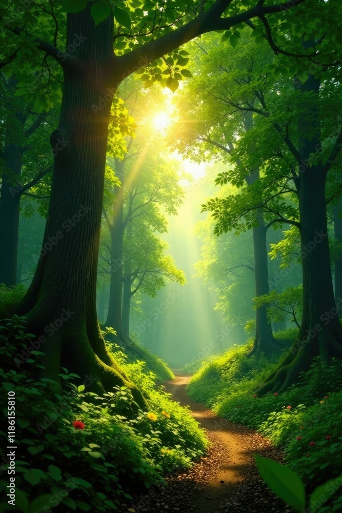 Naklejka premium Dense foliage with sunlight filtering through canopy, trees, leaves