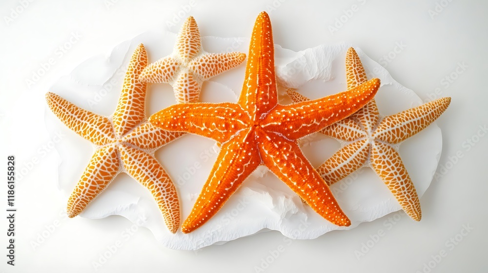 Detailed shot of a bright orange starfish on a white background, arranged in a flat lay. Detailed shot of a bright orange starfish on a white background, arranged in a flat lay.