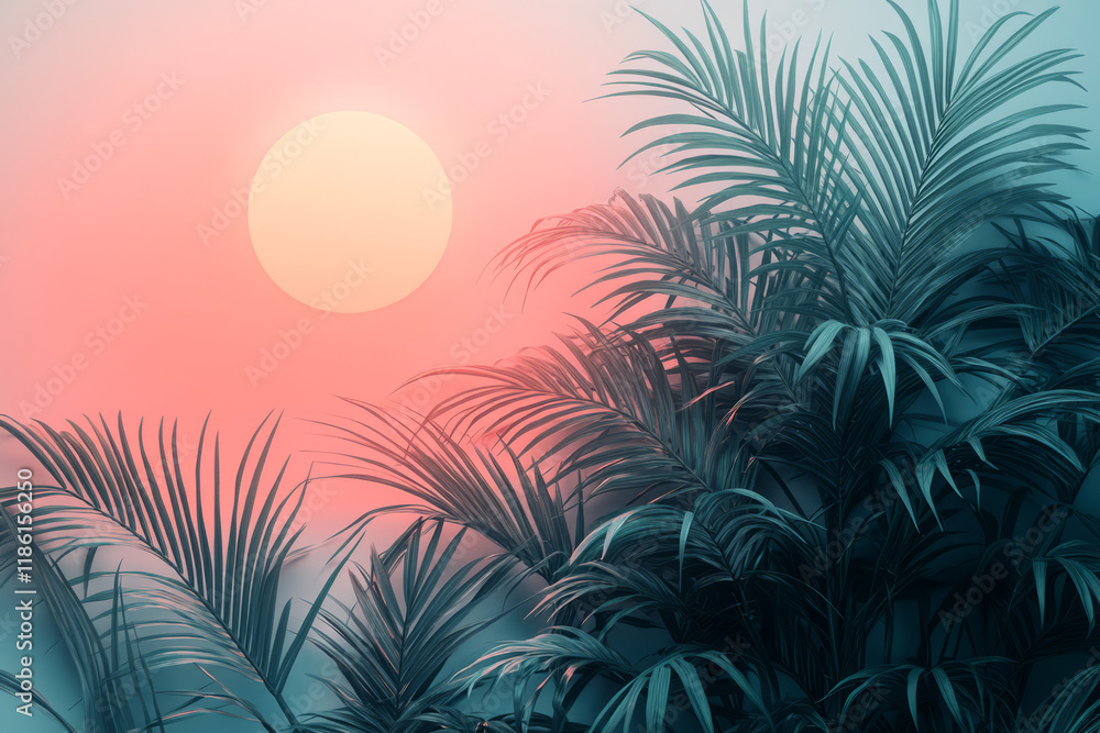 Large pastel gradient disk with an ombré effect from soft coral to pale mint, matched with silhouettes of minimal palm fronds, Large pastel gradient disk with an ombré effect from soft coral to pale mint, matched with silhouettes of minimal palm fronds,