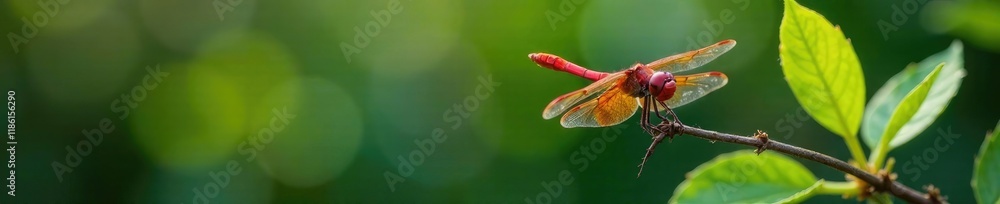 Dragonfly resting on a thin metal wire amidst foliage, wire mesh, botanical, red dragonfly Dragonfly resting on a thin metal wire amidst foliage, wire mesh, botanical, red dragonfly