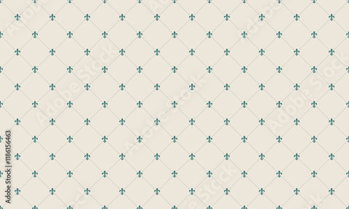 Elegant teal fleur-de-lis pattern on a beige background.  Perfect for wedding invitations, wallpaper, textile designs, and website backgrounds.