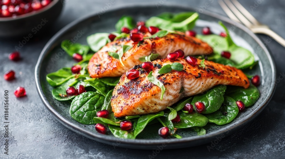 Grilled Salmon Fillet on Spinach Salad with Pomegranate Seeds Grilled Salmon Fillet on Spinach Salad with Pomegranate Seeds