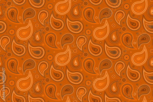 Elegant paisley pattern in warm orange hues.  Intricate details and a seamless design ideal for textile prints, wallpapers, or website backgrounds.