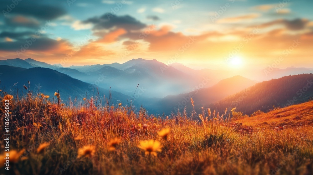 Obraz premium Mountain Meadow Sunset with Silhouetted Peaks and Sun Rays
